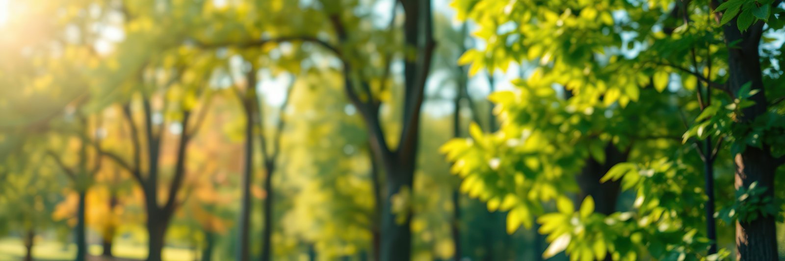 Vibrant sunlight filters through lush trees in a peaceful park during a sunny afternoon stroll